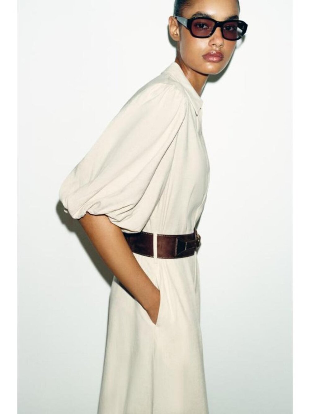 ZARA LINEN BLEND MIDI DRESS WITH BELT - Picture 5 of 9